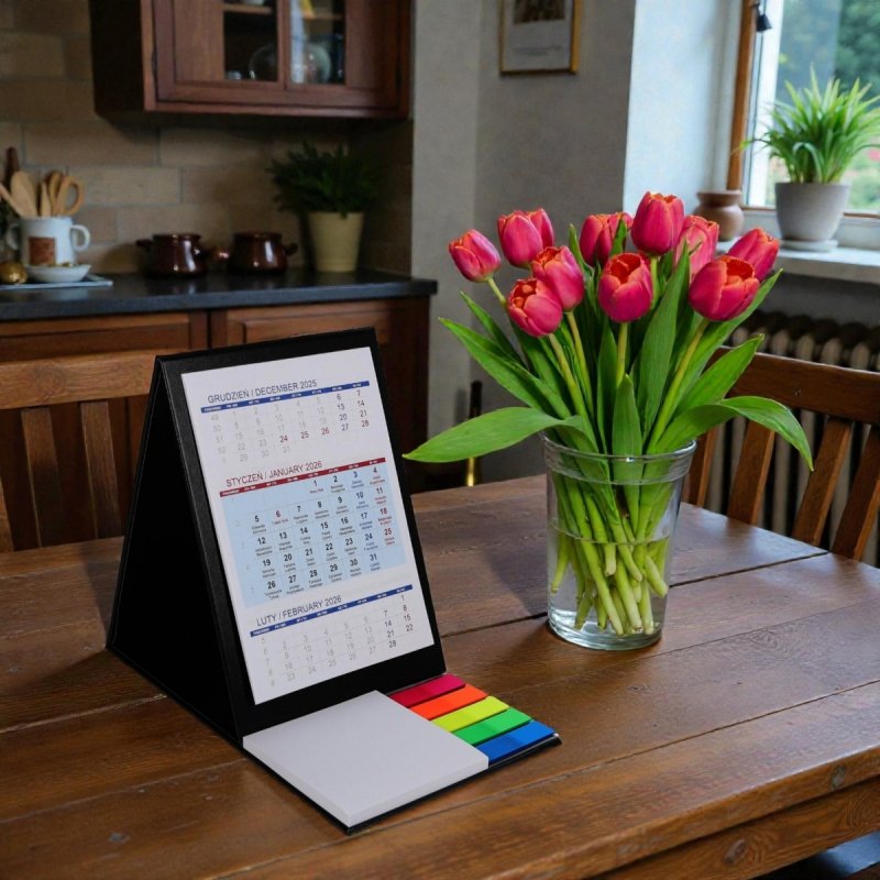 Kalendarz biurkowy z notesem i znacznikami TOP 3-miesięczny 2026 zielony