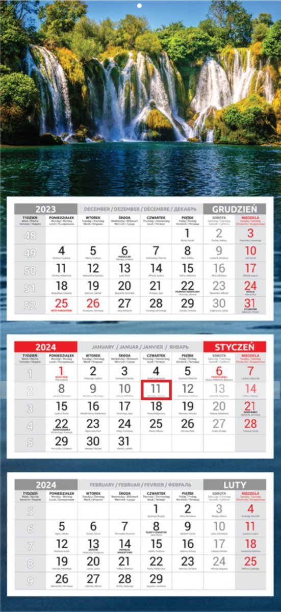 Kalendarz trójdzielny z pięknym zdjęciem na rok 2024