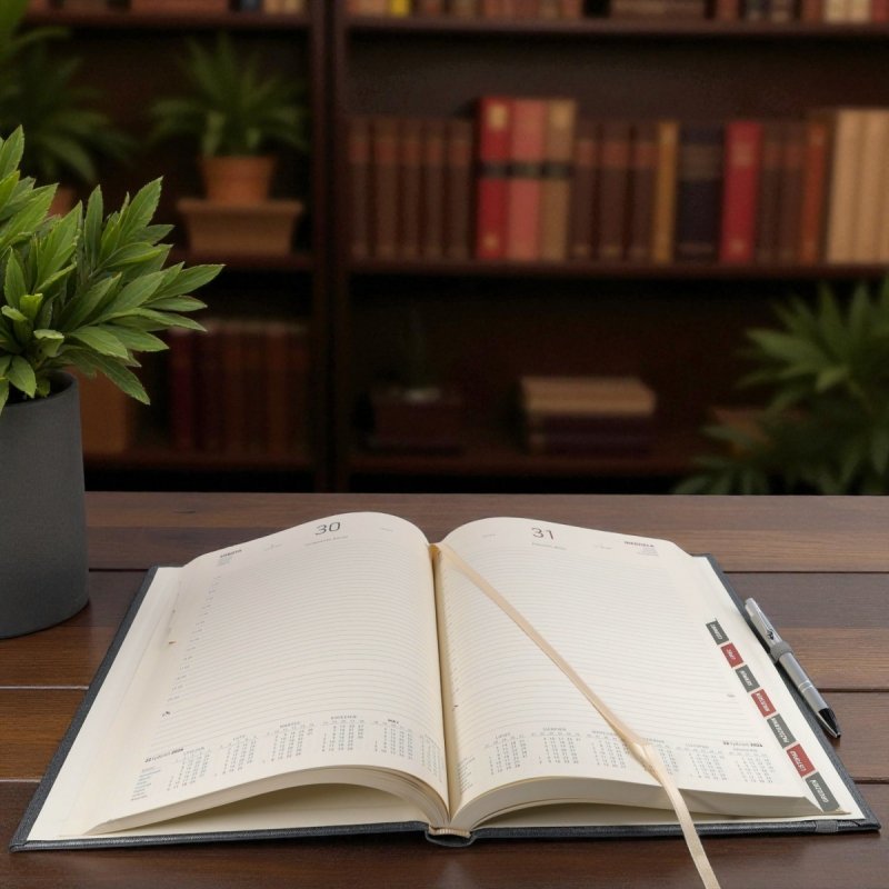 Kalendarz książkowy 2026 A4 dzienny papier chamois wycinane registry oprawa z zamykaniem na gumkę i mocowaniem na długopis ROSSA VIU czerwona