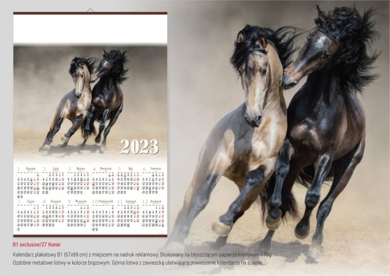 Fotografia galopujących koni na kalendarzu plakatowym w formacie B1 na rok 2023