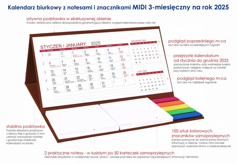 kalendarz biurkowy MIDI 3-miesięczny 2025 na twardej podstawce 