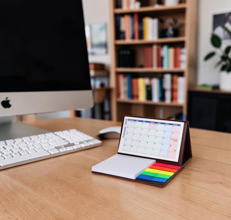 kalendarz do postawienia na biurku z notesami i znacznikami na rok szkolny 2026/2027