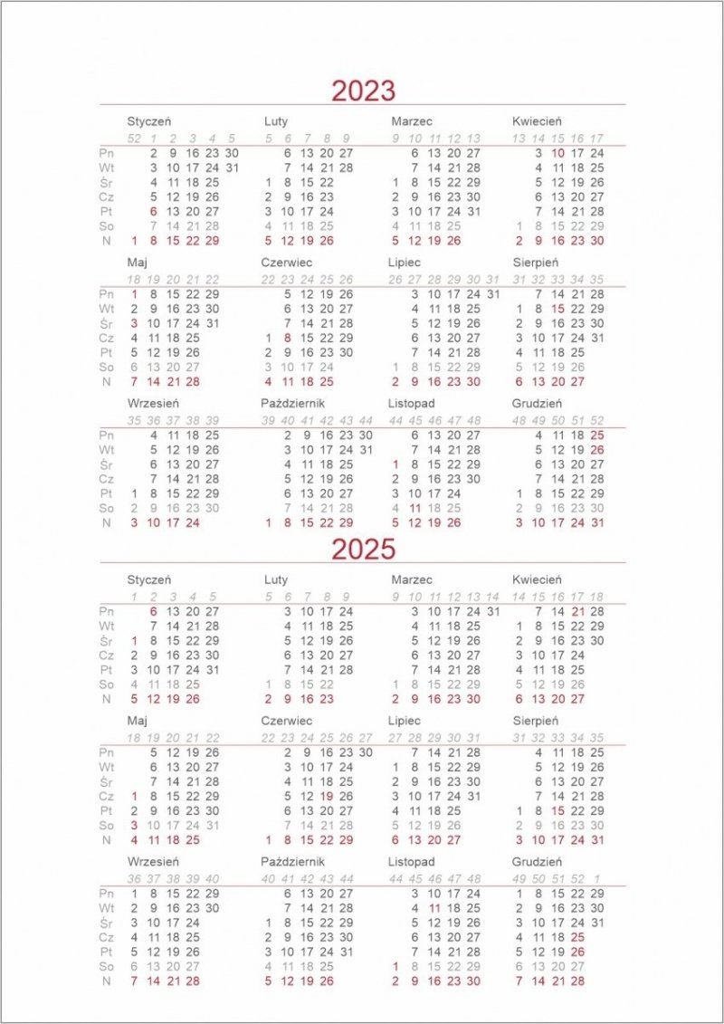 Skrócone kalendarium całoroczne na rok 2023 i 2025