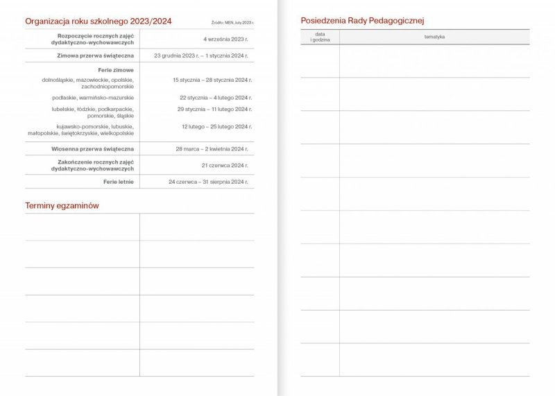 kalendarz książkowy z tabelami - organizacja roku szkolnego, terminy egzaminów, posiedzenie rady pedagodicznej