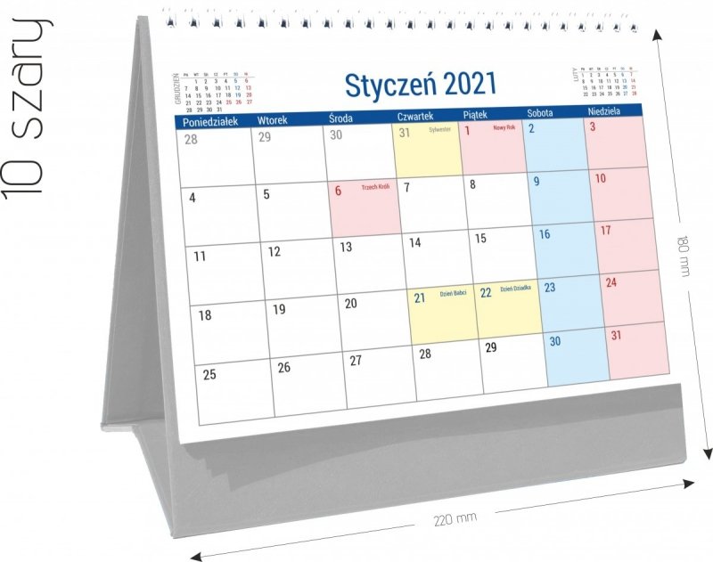 Kalendarz biurkowy stojący na podstawce PLANO 2021 szary 10