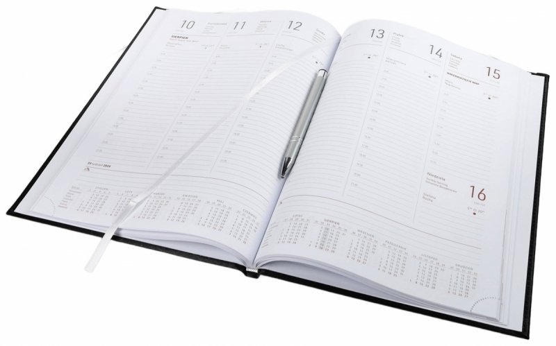 Kalendarz książkowy 2026 A4 tygodniowy papier biały drukowane registry oprawa ALUMINIUM granatowa Z NADRUKIEM LOGO