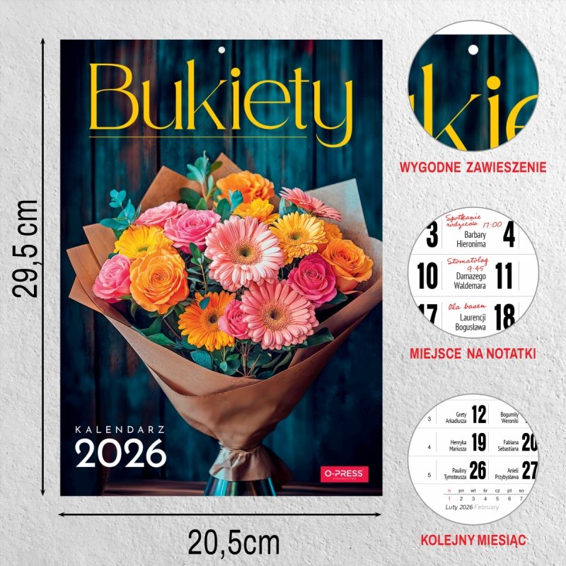 Kalendarz ścienny wieloplanszowy A4 BUKIETY 2026