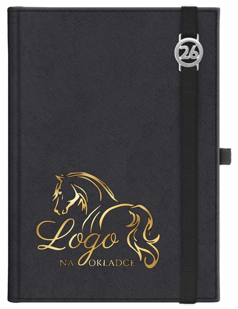 Kalendarz książkowy 2026 B5 dzienny papier chamois wycinane registry oprawa z zamykaniem na gumkę i mocowaniem na długopis ROSSA VIU czarna Z NADRUKIEM LOGO