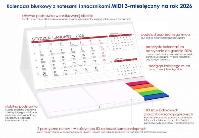 opis kalendarza MIDI 3-miesięczny na rok 2026 z notesami i znacznikami