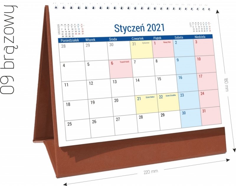 Kalendarz biurkowy stojący na podstawce PLANO 2021 brązowy 09