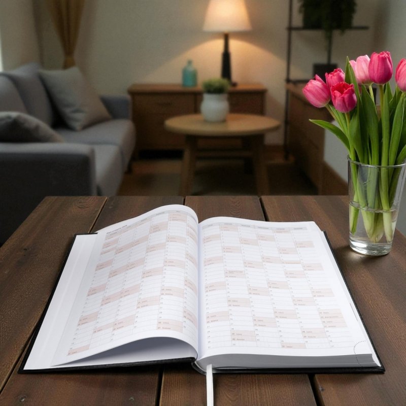 Kalendarz książkowy 2026 A4 dzienny papier biały drukowane registry oprawa ALUMINIUM granatowa  Z NADRUKIEM LOGO