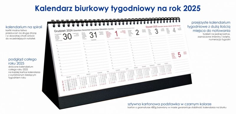 Opis kalendarza poziomego tygodniowego na rok 2025