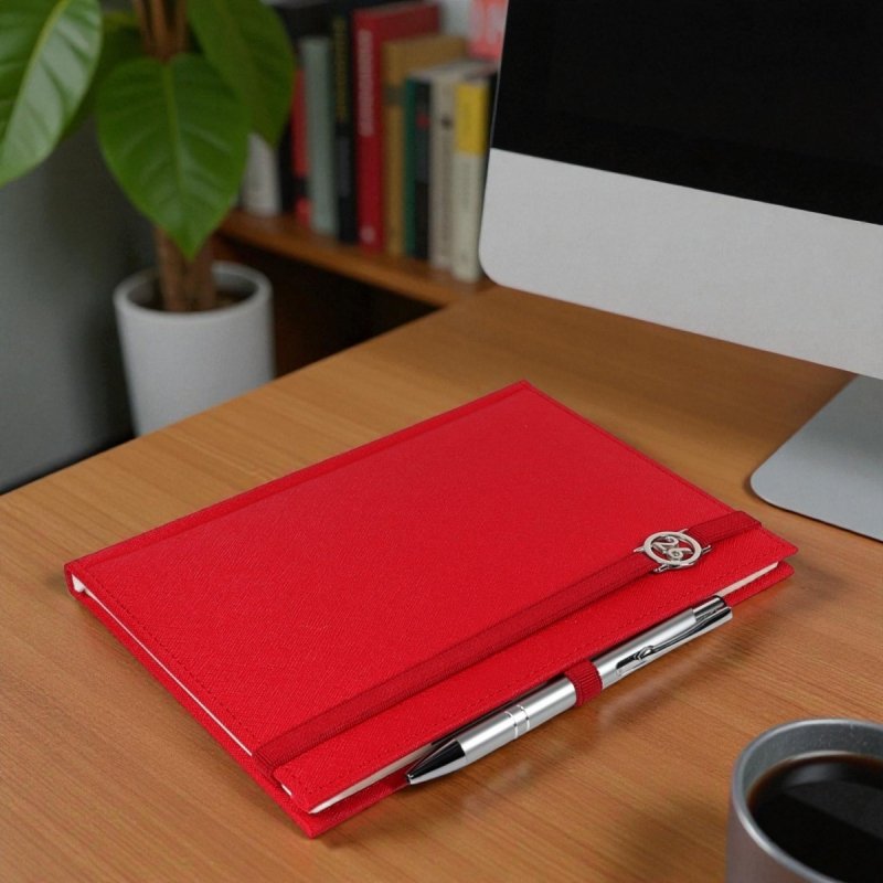 Kalendarz książkowy 2026 B5 dzienny papier chamois wycinane registry oprawa z zamykaniem na gumkę i mocowaniem na długopis ROSSA VIU czerwona Z NADRUKIEM LOGO