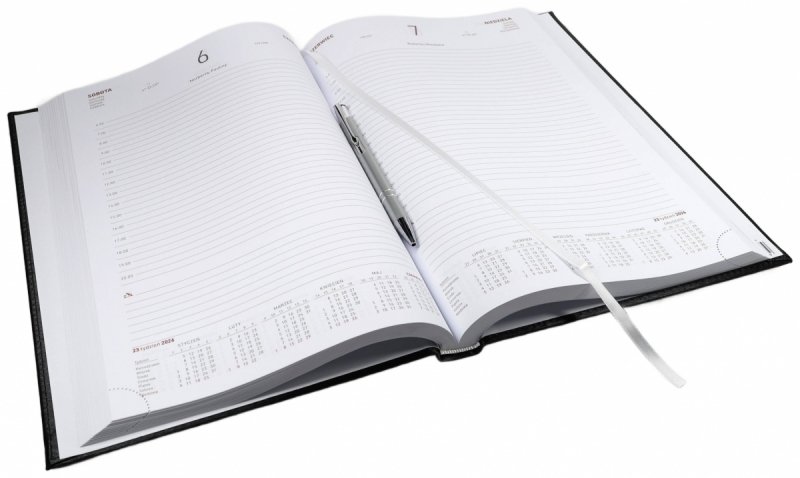 Kalendarz książkowy 2026 A4 dzienny papier biały drukowane registry oprawa ALUMINIUM szara Z NADRUKIEM LOGO