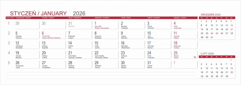 Kalendarz biurkowy z notesami i znacznikami samoprzylepnymi MAXI 2026 czerwony