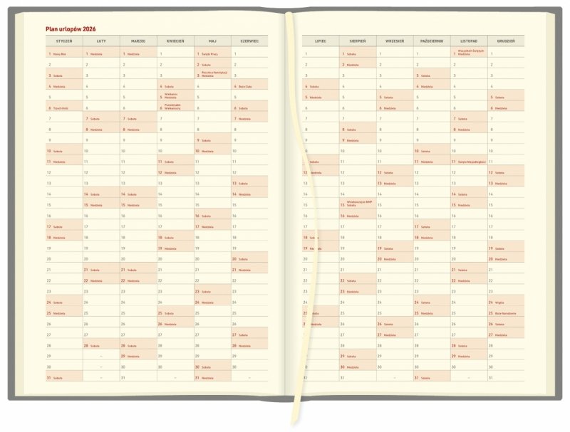 kalendarz książkowy B5 z planem urlopów na rok 2026 