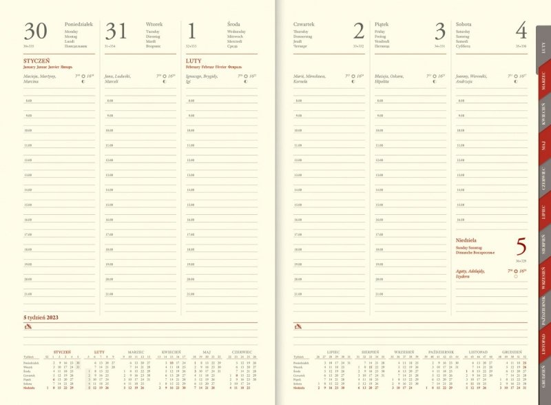 Kalendarz na rok 2023 format B5 w tygodniowym układzie z papierem chamois i wycinanymi registramia 