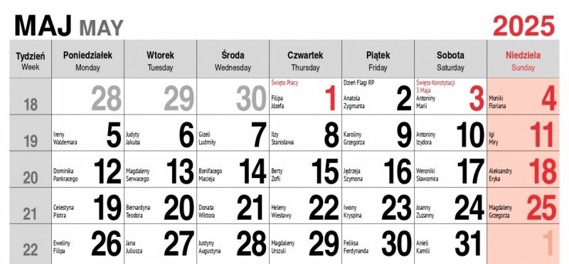 kalendarium do kalendarza trójdzielnego premium - maj 2025