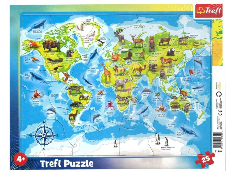 Puzzle ramkowe 25el. Mapa świata ze zwierzętami
