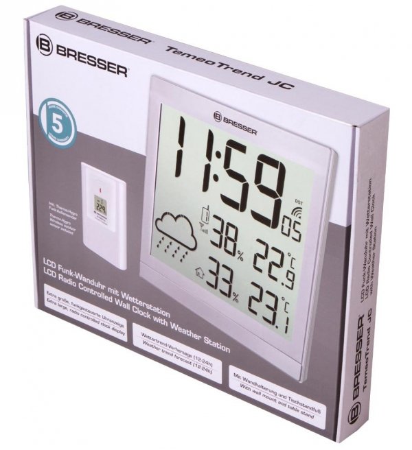 Stacja meteorologiczna Bresser TemeoTrend JC LCD RC (zegar ścienny), srebrna