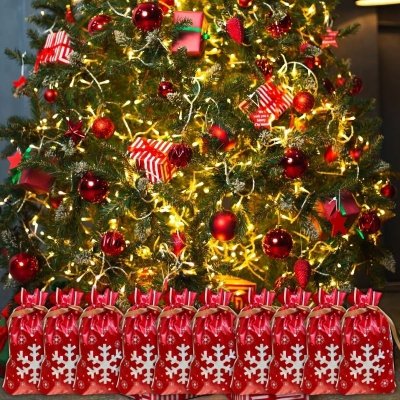 Woreczki świąteczne foliowe ze śnieżynkami XL 10 sztuk z wstążką