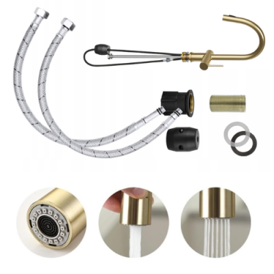 Bateria kuchenna szczotkowane złoto z wyciąganą wylewką – elegancka, obrotowa