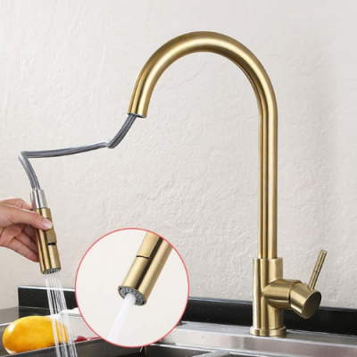 Bateria kuchenna szczotkowane złoto z wyciąganą wylewką – elegancka, obrotowa