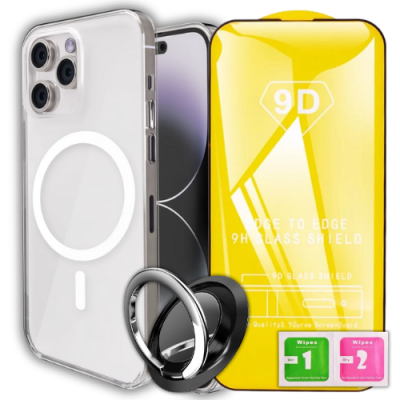 Etui ochronne 3w1 do iPhone 15 z uchwytem ring i szkłem 9H – zestaw Clear 360°