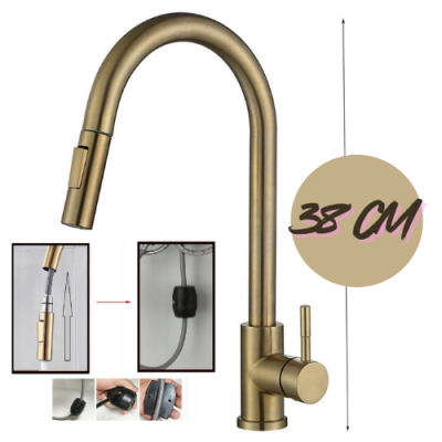 Bateria kuchenna szczotkowane złoto z wyciąganą wylewką – elegancka, obrotowa