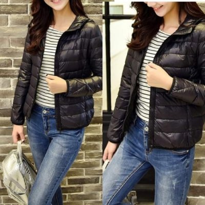 Klasyczna damska kurtka przejściowa czarna pikowana z kapturem M/L