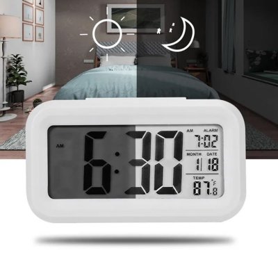 Budzik zegar elektroniczny data temperatura biały