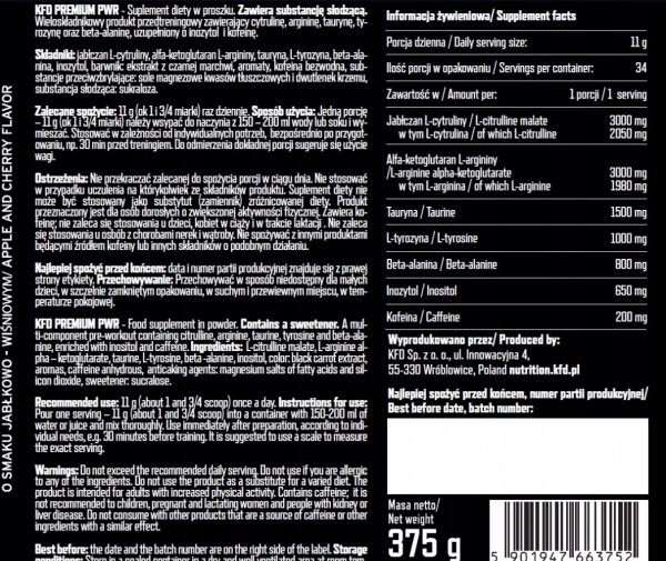 Przedtreningówka Pre-Workout II KFD Premium 375 g Jabłkowo- Wiśniowy info