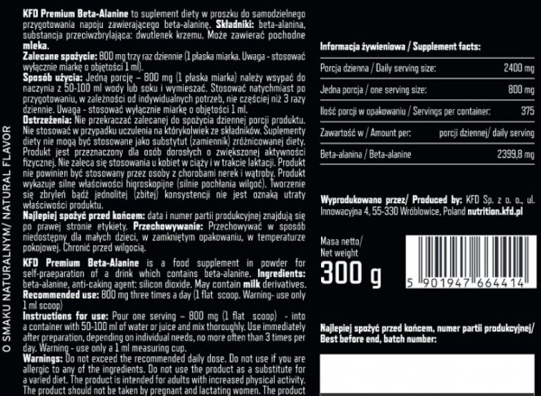 KFD Premium Beta-Alanine 300 g naturalna Informacja żywieniowa 