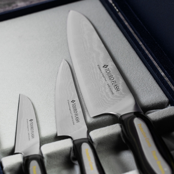 Zestaw 3 noży: Do obierania 9cm, uniwersalny 13cm i szefa kuchni 21cm Tojiro Flash