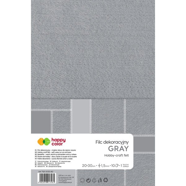 Filc dekoracyjny, 20x30 cm, 1,5 mm, 10 arkuszy, szary, Happy Color HA 7120 2030-80