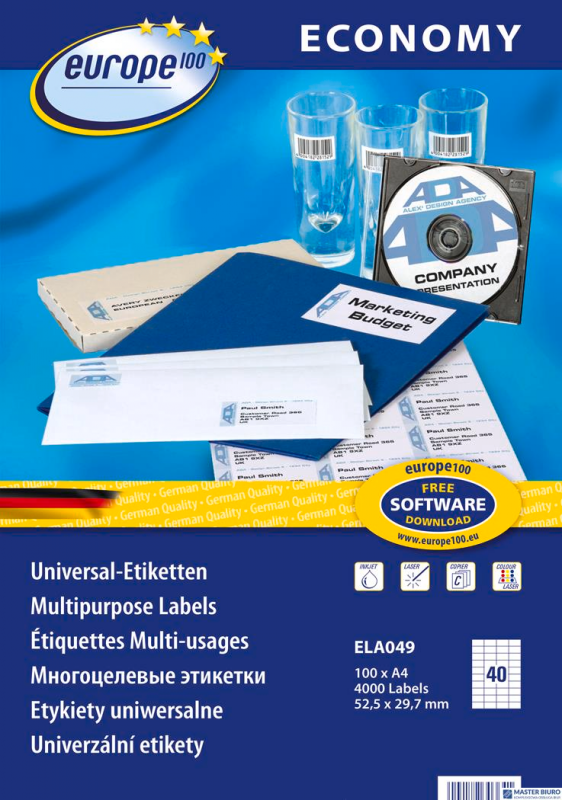 Etykiety uniwersalne ELA049 52,5 x 29,7 100 ark Economy Europe100 by Avery Zweckform białe