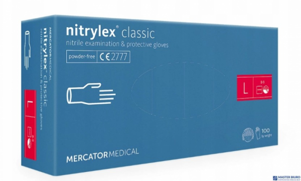 Rękawice nitrylowe bezpudrowe diagnostyczne MERCATOR, nitrylex classic, (100 szt.), rozmiar L, niebieskie