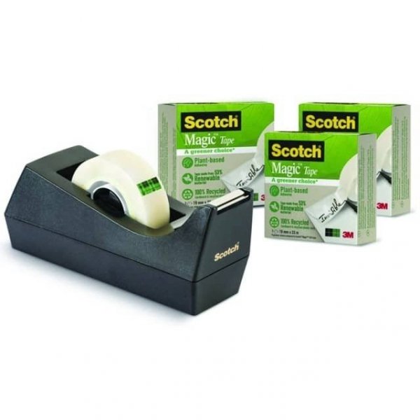 Taśma biurowa SCOTCH Magic Greener Choice (9-1933R3C38), matowa, 19mm, 33m, 3szt., podajnik C-38 GRATIS