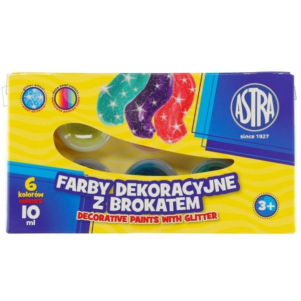 Farby dekoracyjne Astra z brokatem 6 kolorów - 10 ml, 301116001