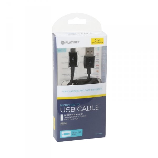 Kabel USB TYPE USB TO MICRO USB czarny 3metry 2A PLATINET PUC3MBB
