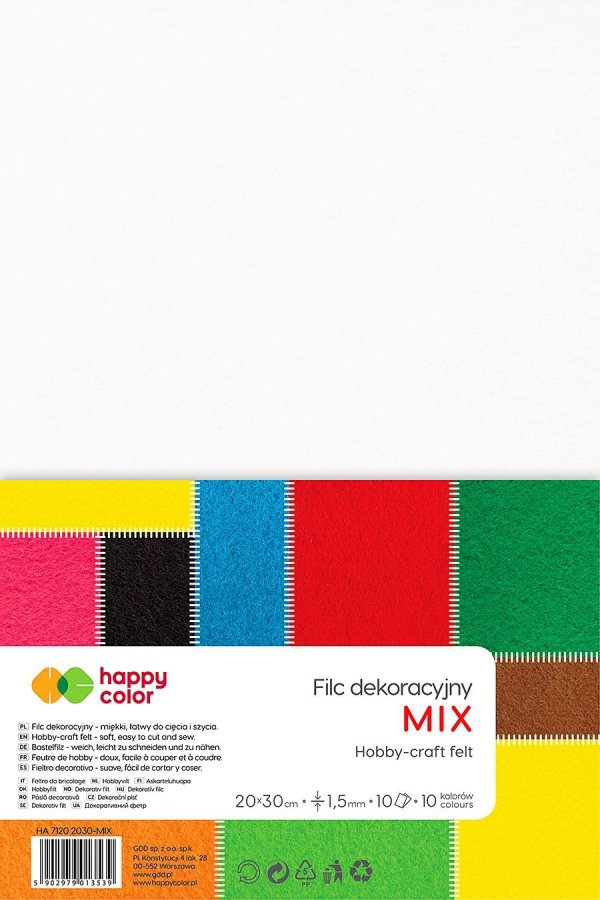 Filc dekoracyjny, 20x30 cm, 1,5 mm, 10 ark, MIX, Happy Color HA 7120 2030-MIX