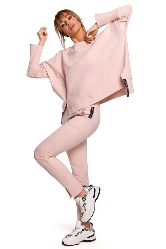Moe M491 Bluza z rozcięciami na bokach i lampasem - cukierkowy róż