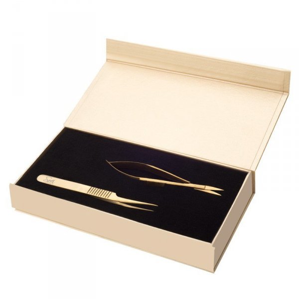 Sofi Lashes zestaw nożyczki i pęseta prosta titanium gold