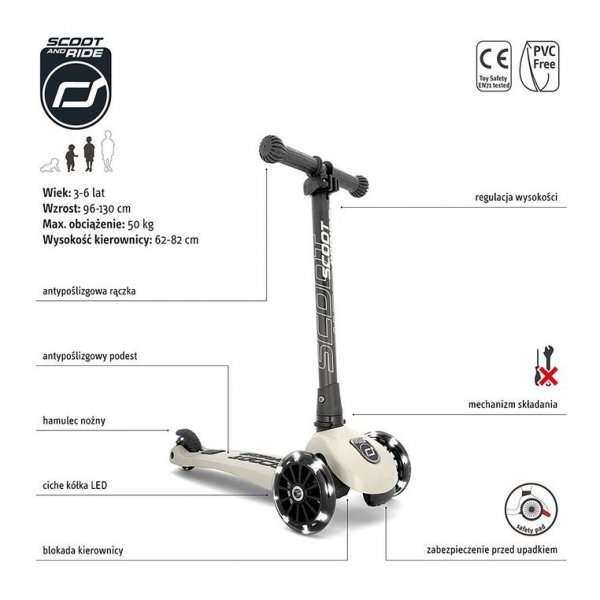 SCOOTANDRIDE Highwaykick 3 LED Hulajnoga składana ze świecącymi kółkami 3+ Ash