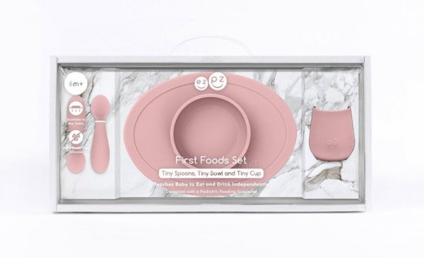 EZPZ Komplet pierwszych naczyń silikonowych First Foods Set pastelowy róż