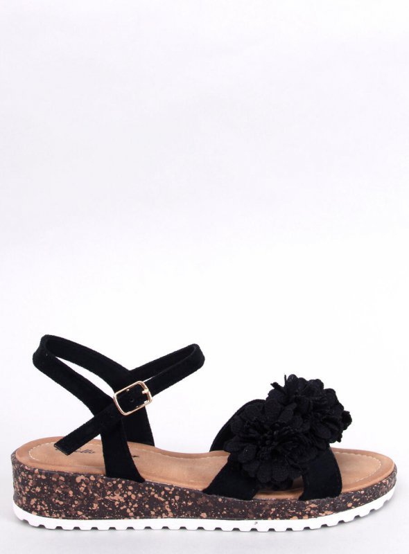 Sandałki na koturnie z kwiatami HAHN BLACK