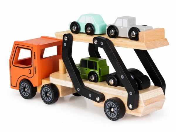 Drewniana zabawka ciężarówka tir laweta 4 autka