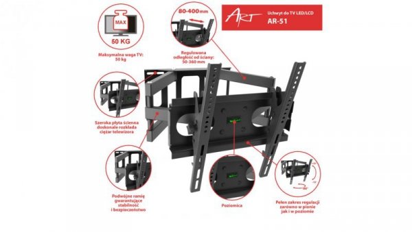 UCHWYT DO TV LCD/LED 23-60 50KG AR-51 ART reg. pion/poziom 40cm