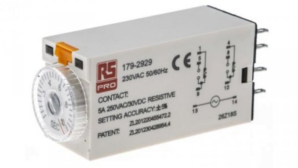 Przekaźnik czasowy zwłoczny jednofunkcyjny 0.5 → 10s DPDT 2-stykowy DPDT 230V ac