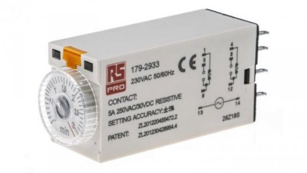 Przekaźnik czasowy zwłoczny jednofunkcyjny 0.1 → 3min DPDT 2-stykowy DPDT 230V ac